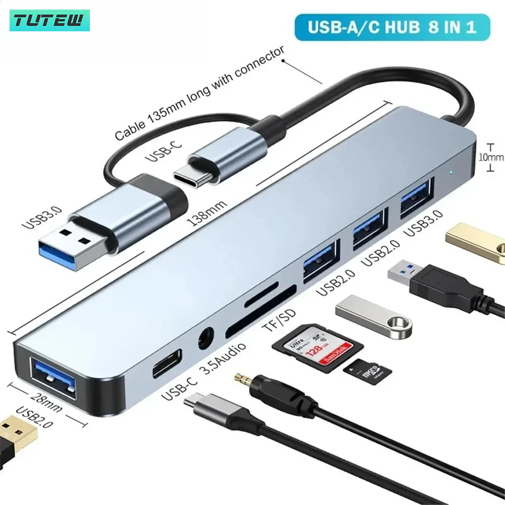 Audio Music Splitter - 8-in-1 USB C-hub USB-splitter USB-extender met