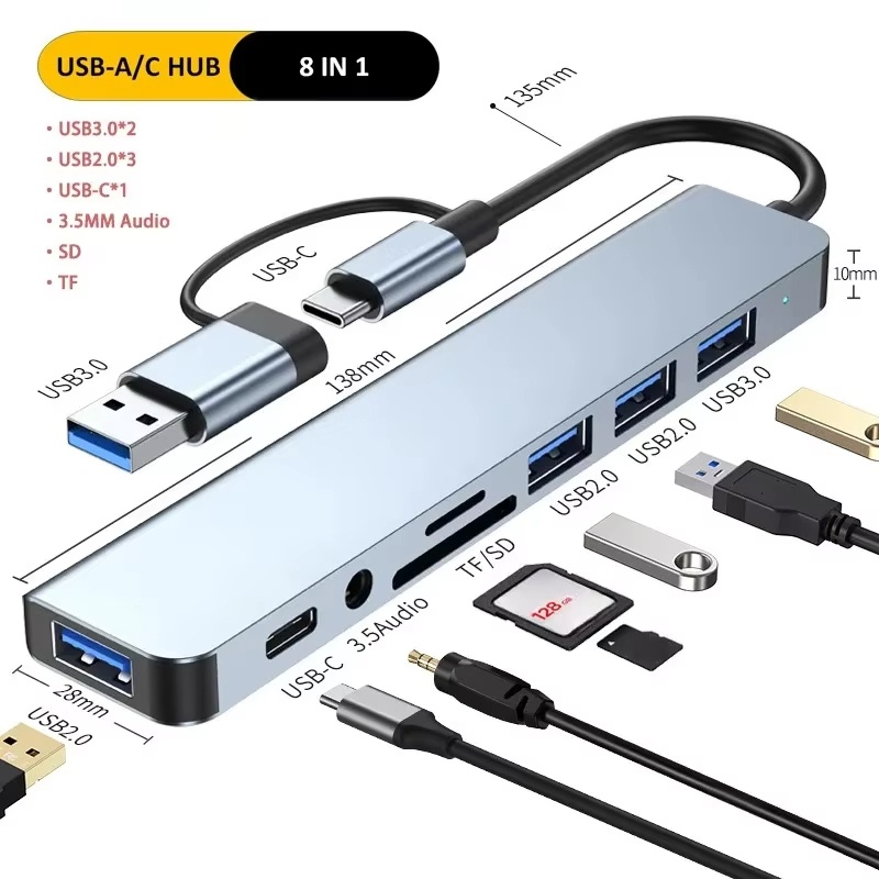 Audio Music Splitter - Type-C Hub USB Splitter 8-in-1 USB